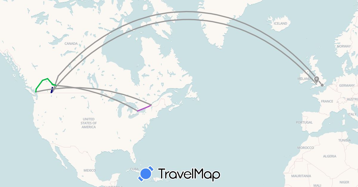TravelMap itinerary: driving, bus, plane, train in Canada, United Kingdom (Europe, North America)